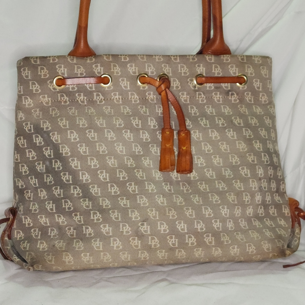 Vtg. Dooney & Bourke Handbag Small Logo Tassels Fabric & Leather Handbag